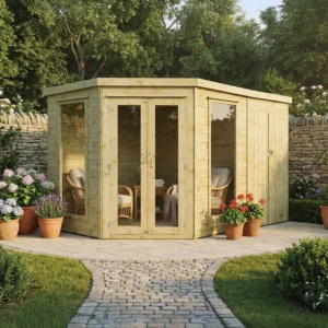 Mercia 7'x 11' Premium Green Dipped Treatment Corner Summerhouse and Side Shed