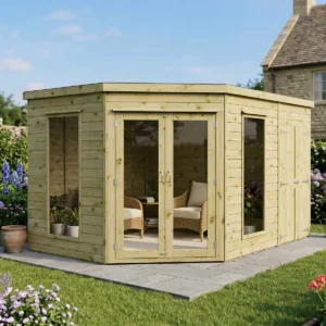Mercia 8'x 12' Premium Corner Green Dipped Treatment Summerhouse and Side Shed