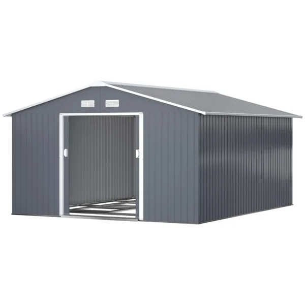 Outsunny 13ft x 11ft Metal Garden Shed with Foundation Grid -Grey - Image 15
