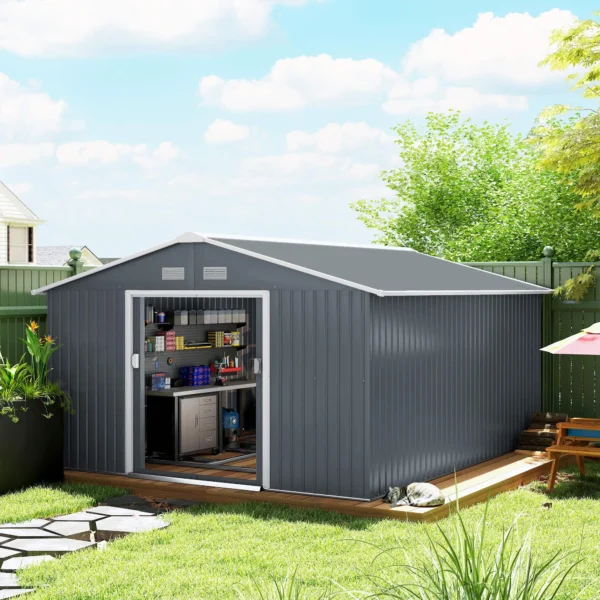 Outsunny 13ft x 11ft Metal Garden Shed with Foundation Grid -Grey - Image 13