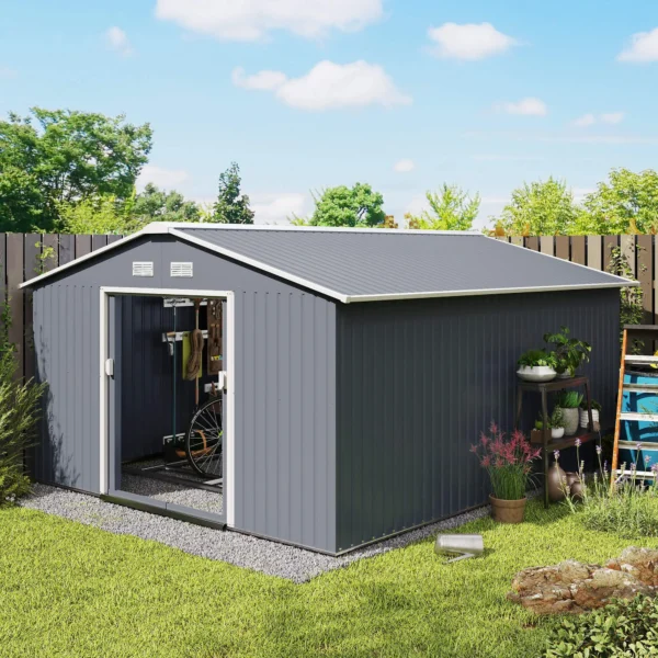 Outsunny 13ft x 11ft Metal Garden Shed with Foundation Grid -Grey - Image 14