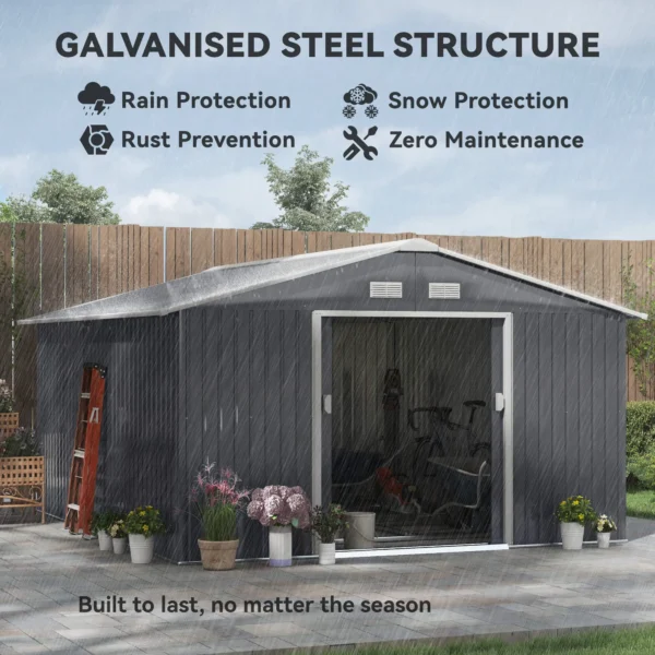 Outsunny 13ft x 11ft Metal Garden Shed with Foundation Grid -Grey - Image 16