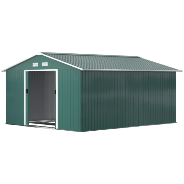 Outsunny 13ft x 11ft Metal Garden Shed with Foundation Grid -Green. - Image 9
