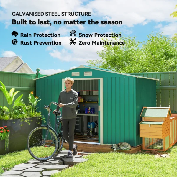 Outsunny 9ft x 6ft Metal Garden Shed - Green with Foundation Grid - Image 11