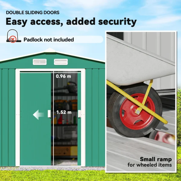 Outsunny 9ft x 6ft Metal Garden Shed - Green with Foundation Grid - Image 13
