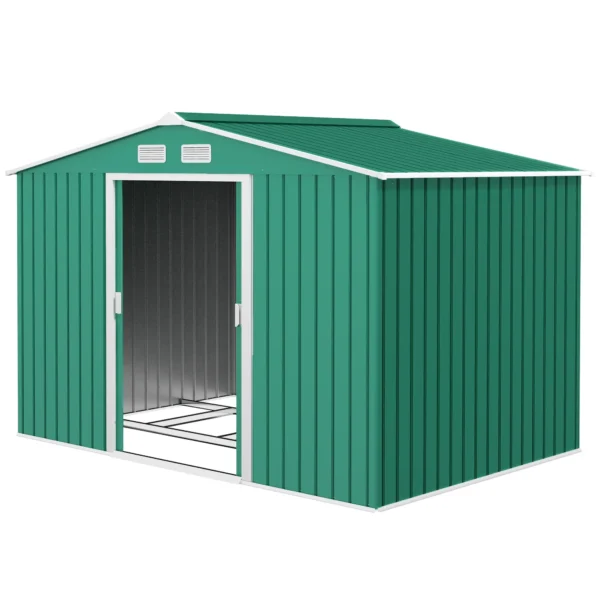 Outsunny 9ft x 6ft Metal Garden Shed - Green with Foundation Grid - Image 15