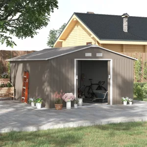 Outsunny 13'x11' Metal Storage Shed - Light Grey with Foundation Grid