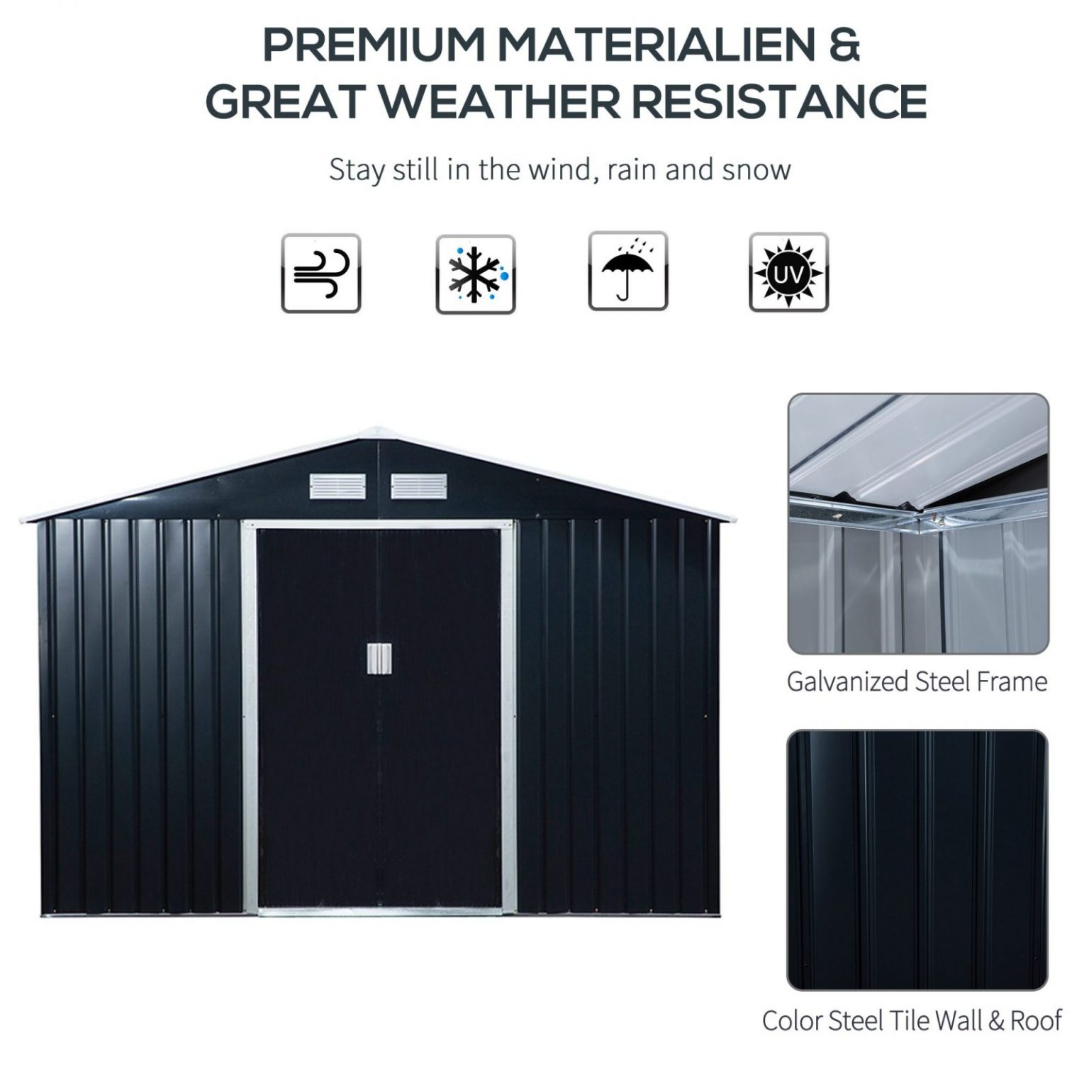 Outsunny 9ft x 6ft Metal Garden Shed – Dark Grey with Foundation Grid → ...