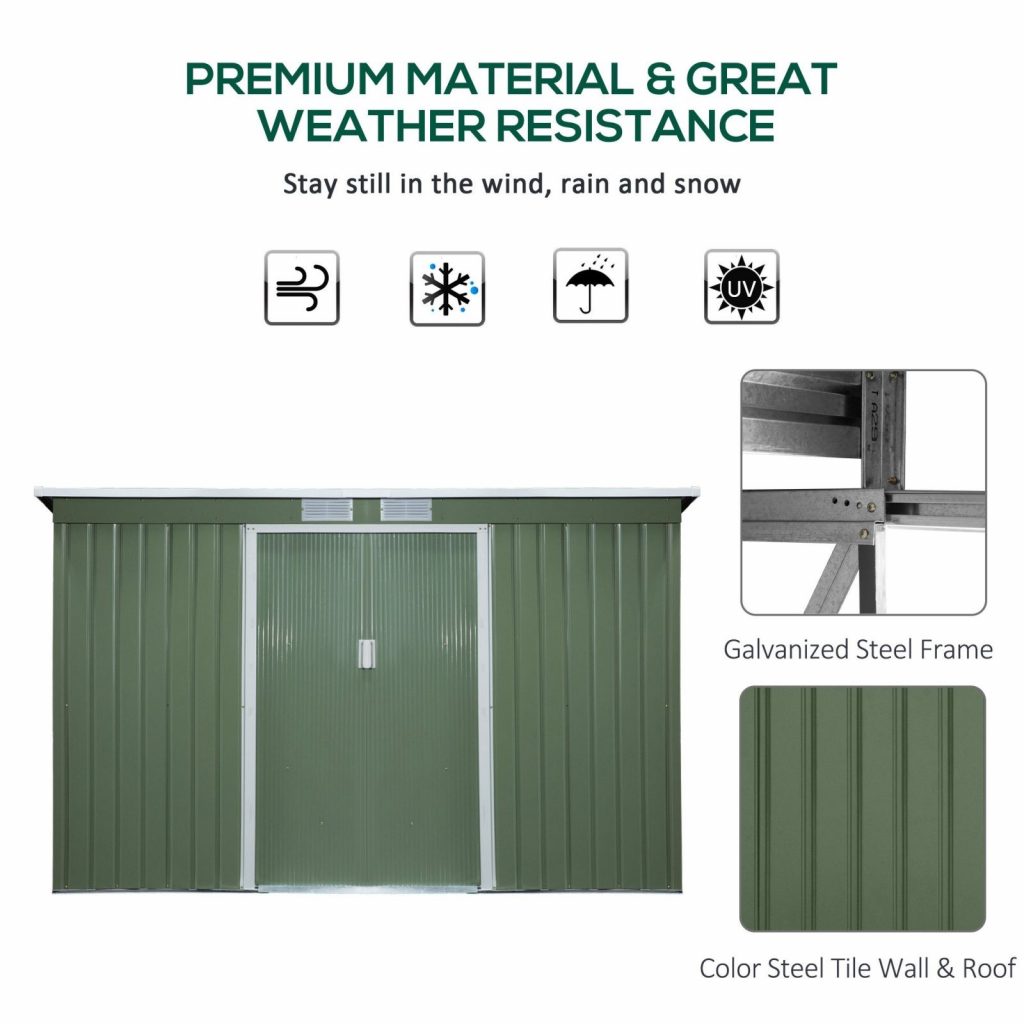 Outsunny 9ft x 4ft Metal Pent Garden Shed – Olive Green with Foundation ...