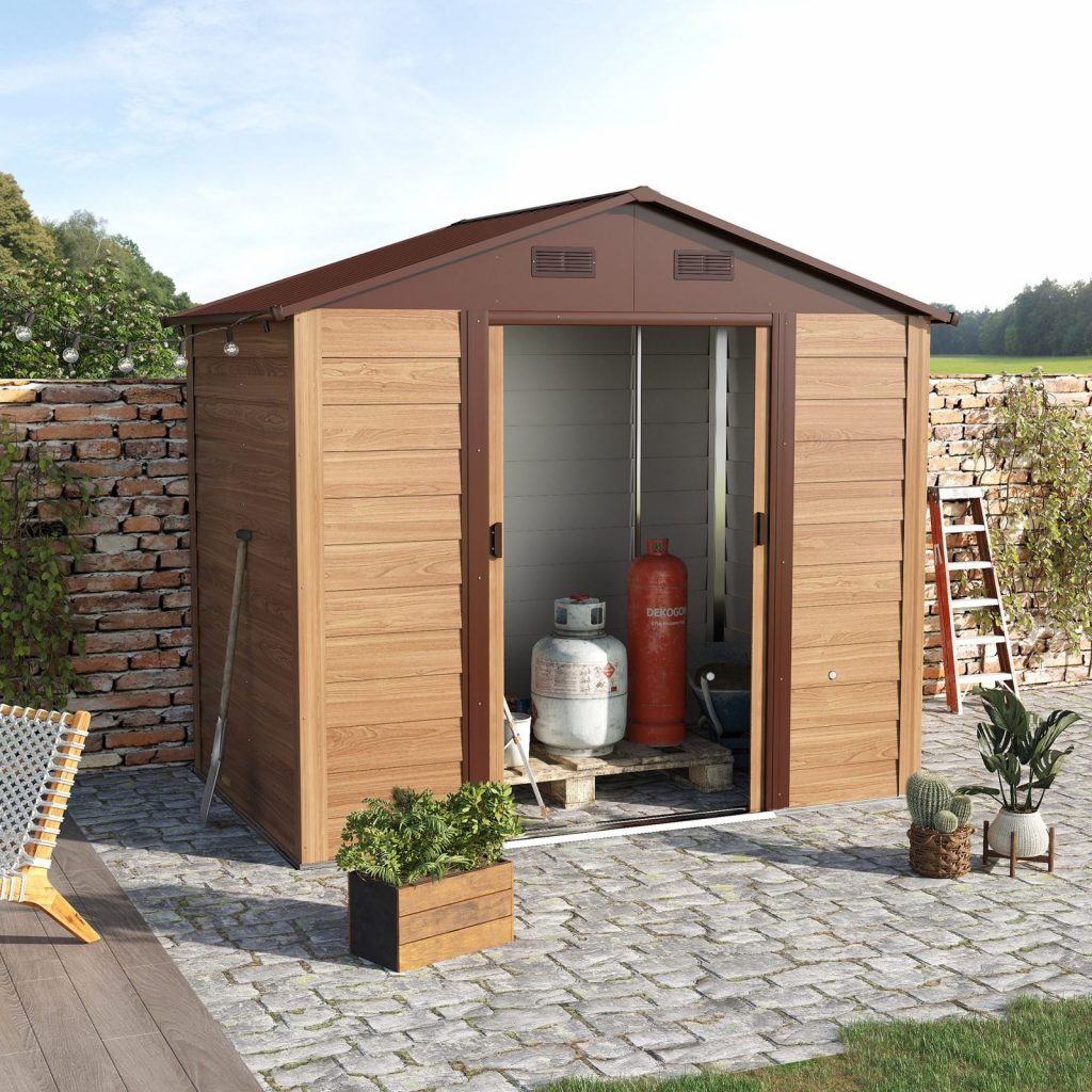 Outsunny 8ft x 6ft Metal Garden Shed Wood Effect → ShedMaster UK