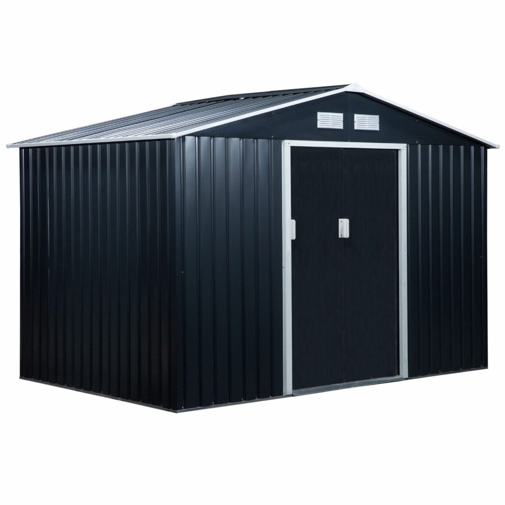 Outsunny 9ft x 6ft Metal Garden Shed – Dark Grey with Foundation Grid