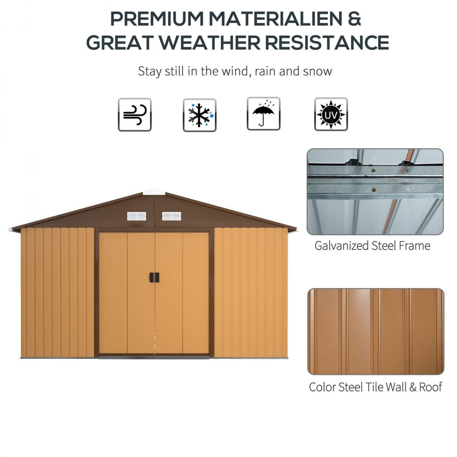 Outsunny 13ft x 11ft Metal Garden Shed with Foundation Grid -Brown →