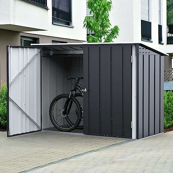 The Duramax 6′ x 3′ Metal Bicycle Store – Anthracite is an all metal bicycle shed, providing secure outdoor storage of up to 2 adult bicycles and cycling equipment. It is made from metal offering excellent security for storing all your mountain bikes, road bikes and general cycling equipment.
The reinforced roof and cross metal bars on each door add strength and security for your peace of mind. The metal storage unit will provide you with a safe place to store your bikes that is weather proof and includes a 3 point lock for added security for peace of mind. The panels on this store are 20% thicker than other conventional metal sheds for added protection
All Duramax Eco Metal sheds must be anchored to a firm foundation to protect against wind damage. 
A floor and/ or foundation kit is not included with this shed.