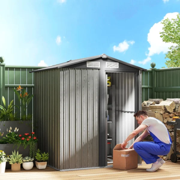 OutSunny 5x4 Metal Apex Garden Shed with Foundation Grid- Wood Grey Effect - Image 11