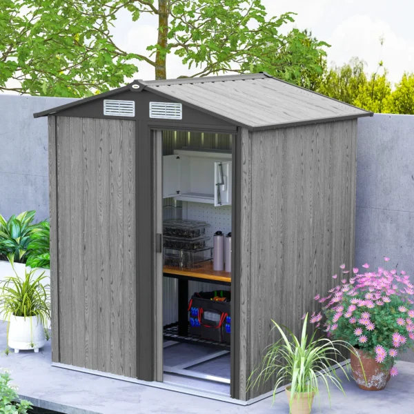 OutSunny 5x4 Metal Apex Garden Shed with Foundation Grid- Wood Grey Effect - Image 2