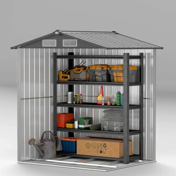 OutSunny 5x4 Metal Apex Garden Shed with Foundation Grid- Wood Grey Effect - Image 8