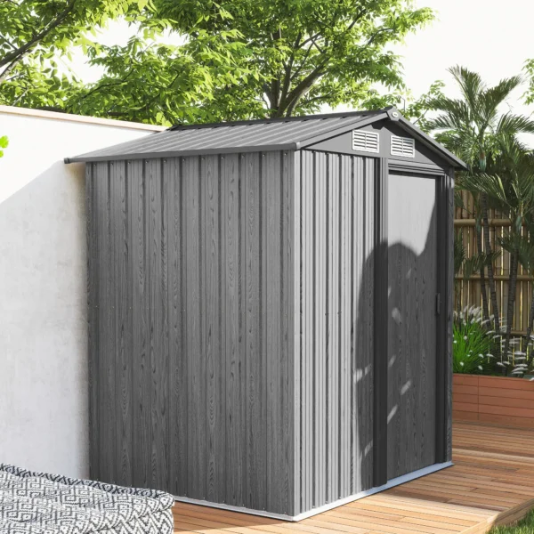 OutSunny 5x4 Metal Apex Garden Shed with Foundation Grid- Wood Grey Effect - Image 7