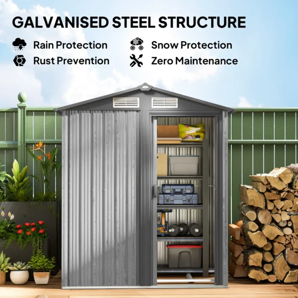 OutSunny 5x4 Metal Apex Garden Shed with Foundation Grid- Wood Grey Effect - Image 6