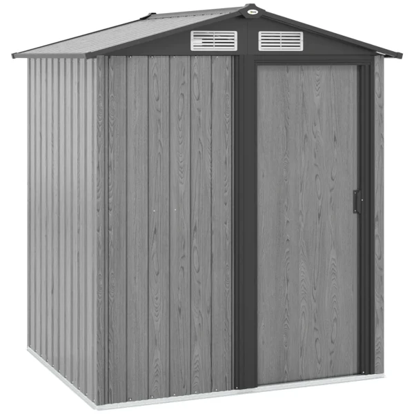 OutSunny 5x4 Metal Apex Garden Shed with Foundation Grid- Wood Grey Effect - Image 5