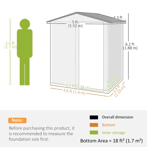 OutSunny 5x4 Metal Apex Garden Shed with Foundation Grid- Wood Grey Effect - Image 3