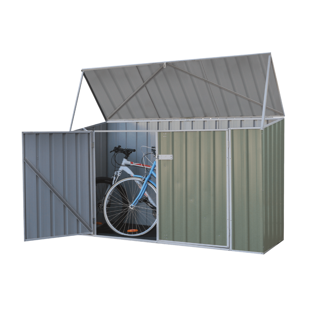 The Absco 7’x2.5′ Metal Bicycle Shed – Pale Eucalyptus  is the ideal storage solution for anyone living in inner city locations with limited space. The shed features double-hinged doors, as well as a hinged roof to allow for easy-access.
Once opened, the hinged roof can be locked into place so that you can safely and comfortably access your belongings inside. Spacious enough to accommodate up to 3 adult bikes, it can be used to store a wide variety of equipment, including sporting and camping gear, rubbish bins, gardening tools and more. This multifunctional bike storage shed has two-way access via the double hinged doors on the front, or via the hatch roof on top .Manufactured from high tensile steel with strength and excellence in mind, this shed is designed to withstand Australian weather conditions, and comes with a lifetime warranty