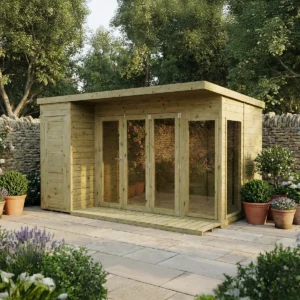 Mercia 12 x 8 Premium Green Dipped Treatment Garden Room Summerhouse with Side Shed