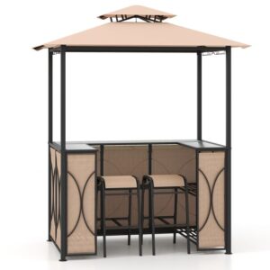 Pro-Tect 6x4 Metal Grill Gazebo and 2 Bar Stools with Tempered Glass Bar Table - Brown