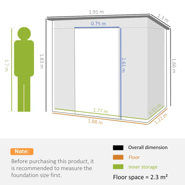 Outsunny 6ft x 4ft Metal Pent Garden Shed- Grey - Image 7