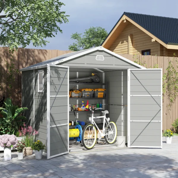 Outsunny 8x6 Plastic Apex Garden Storage Shed with Foundation Grid - Light Grey