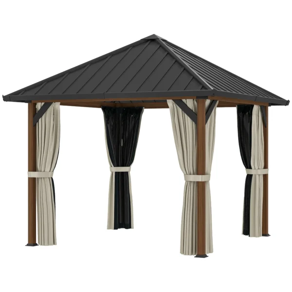 Outsunny 10x10 Hardtop Gazebo with Galvanised Steel Roof and Water Gutter -Walnut Wood Finish - Image 2