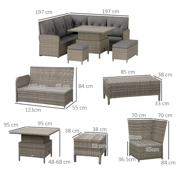 Outsunny  6 Piece Conversation Corner Outdoor PE Rattan Garden Furniture Set - Light Grey - Image 8