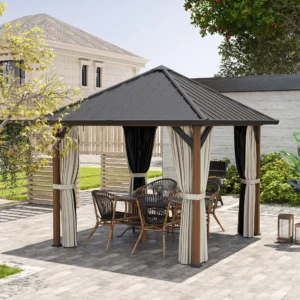 Outsunny 10x10 Hardtop Gazebo with Galvanised Steel Roof and Water Gutter -Walnut Wood Finish