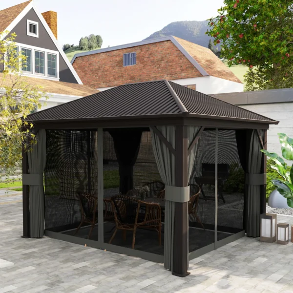 Outsunny 10x12 Hardtop Metal Gazebo with Curtains - Dark Grey