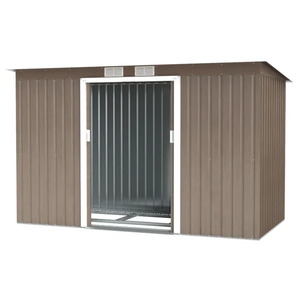 Outsunny 9ft x 4ft Metal Pent Garden Shed  - Light Wood Grain Grey with Foundation Grid