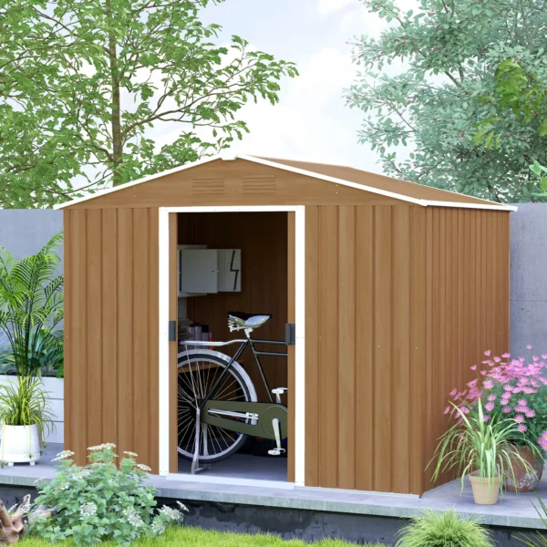 Outsunny 8ft x 6ft Metal Garden Shed -  Wood Effect - Image 3