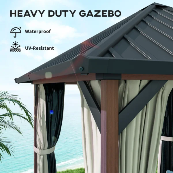 Outsunny 10x10 Hardtop Gazebo with Galvanised Steel Roof and Water Gutter -Walnut Wood Finish - Image 4