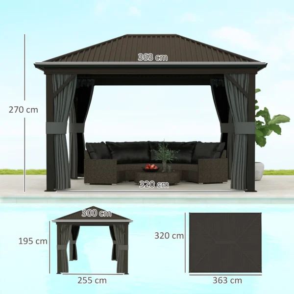 Outsunny 10x12 Hardtop Metal Gazebo with Curtains - Dark Grey - Image 6