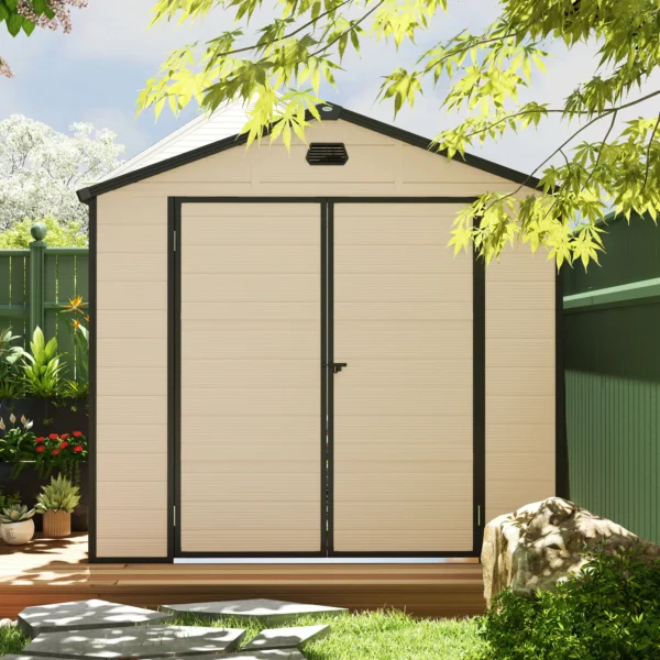 Outsunny 8x6 Plastic Apex Garden Storage Shed with Foundation Grid - Cream White - Image 10