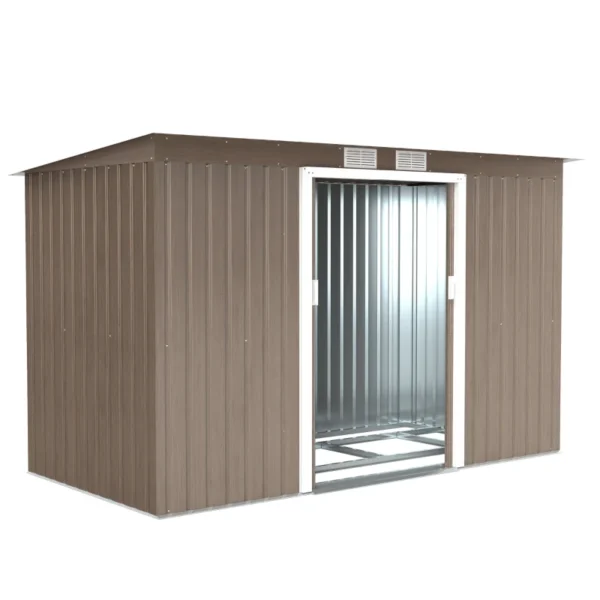 Outsunny 9ft x 4ft Metal Pent Garden Shed  - Light Wood Grain Grey with Foundation Grid - Image 9