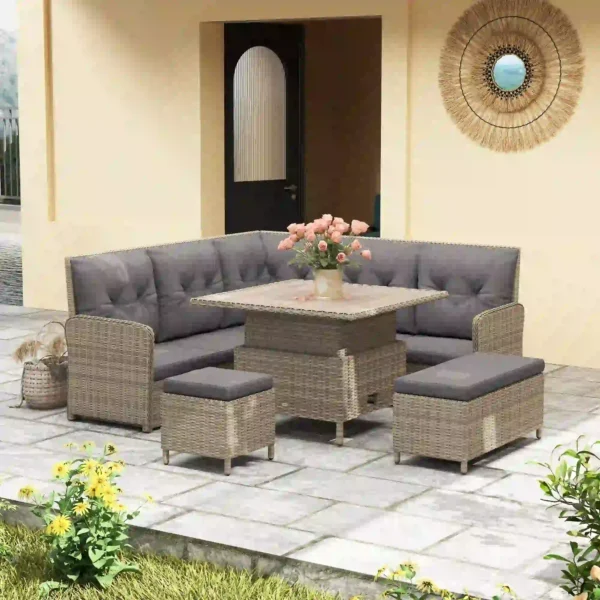 Outsunny  6 Piece Conversation Corner Outdoor PE Rattan Garden Furniture Set - Light Grey