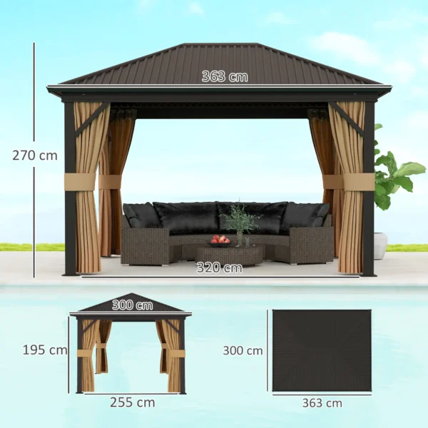 Outsunny 10x12 Hardtop Metal Gazebo with Curtains  Brown - Image 9