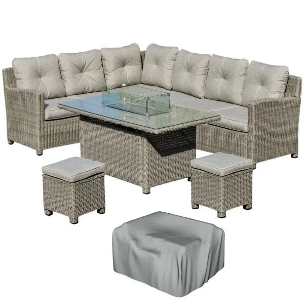 Outsunny 8-Seater Outdoor PE Rattan Conversation Sofa Set with Fire Pit Table - Grey