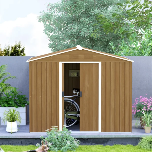 Outsunny 8ft x 6ft Metal Garden Shed -  Wood Effect - Image 10