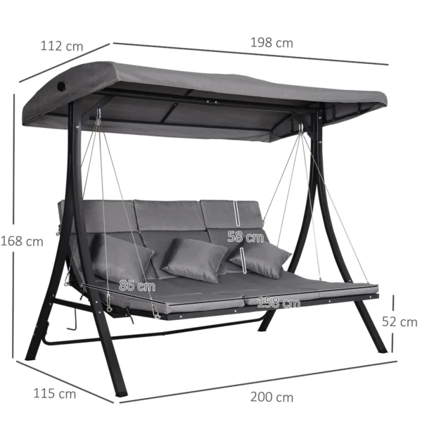 Outsunny Metal 3 Seater Garden Swing Seat Lounger - Grey - Image 10