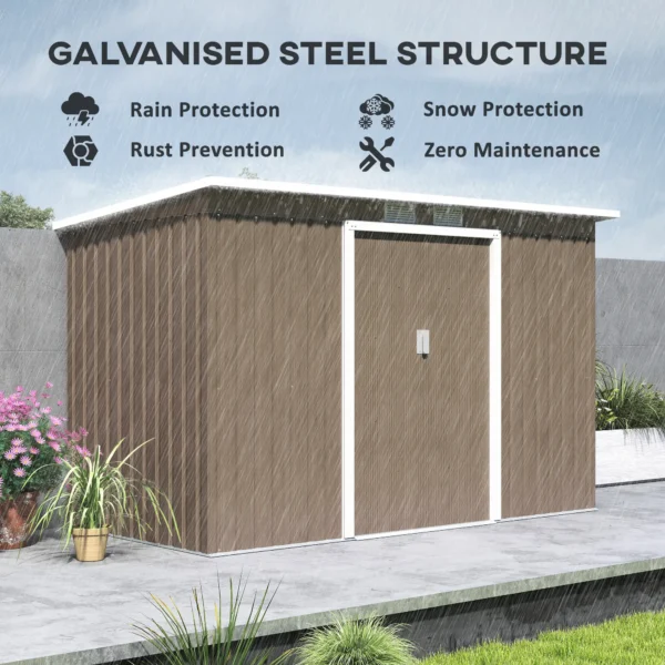 Outsunny 9ft x 4ft Metal Pent Garden Shed  - Light Wood Grain Grey with Foundation Grid - Image 7