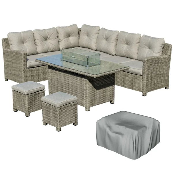 Outsunny 8-Seater Outdoor PE Rattan Conversation Sofa Set with Fire Pit Table - Grey - Image 10