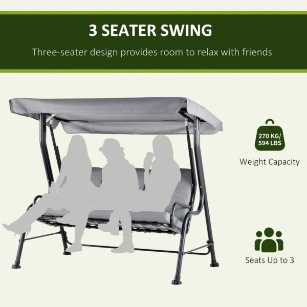 Outsunny Metal 3 Seater Porch Swing Chair Bench - Grey - Image 6