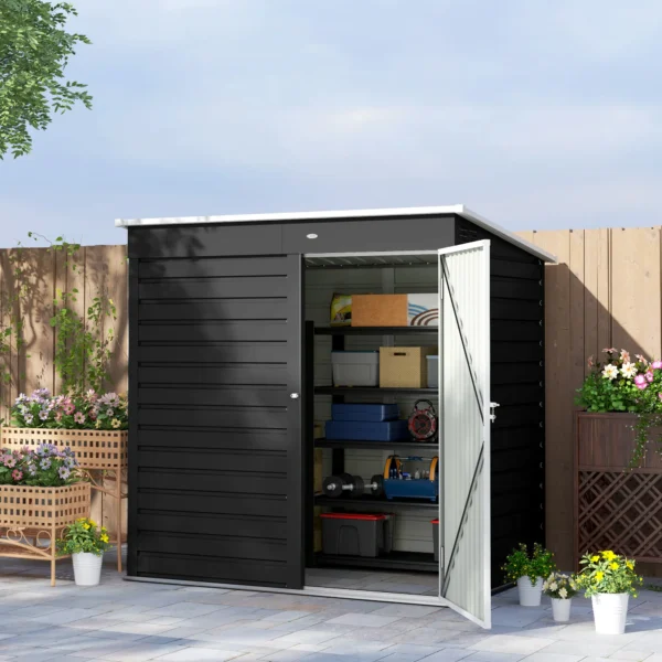 Outsunny 6ft x 4ft Metal Outdoor Tool Storage Shed with Lockable Door - Dark Grey & White - Image 2