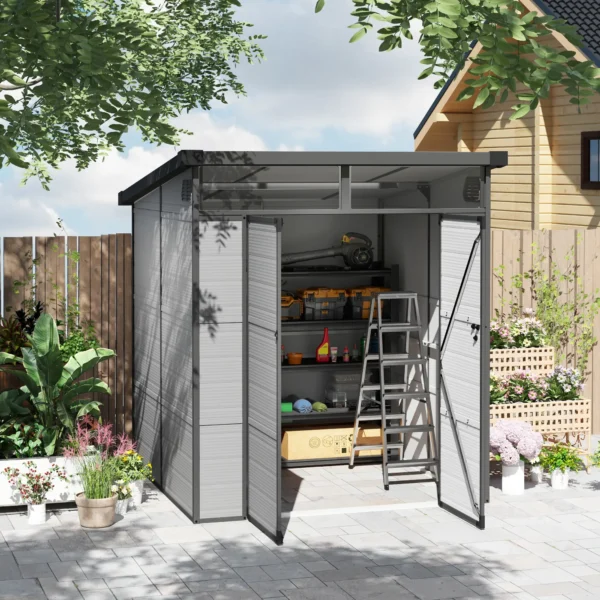 Outsunny 6x6 Plastic Pent Shed with Skylight - Light Grey - Image 2