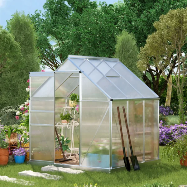 Outsunny 6ft x 6ft Polycarbonate Greenhouse - Silver - Image 5